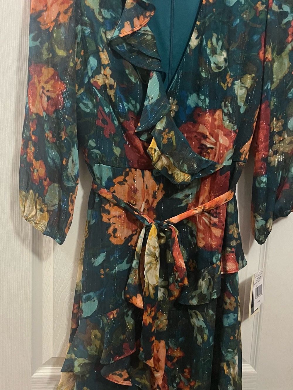 Taylor Teal Floral Ruffle Wrap Dress with Orange Accents